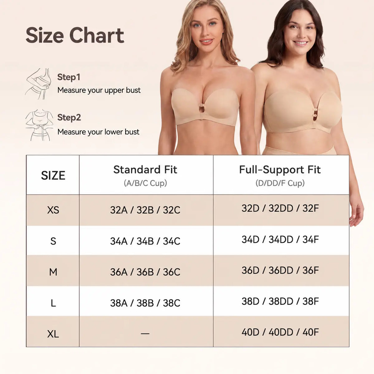 Size chart: standard fit A/B/C cups and full-support fit D/DD/F cups