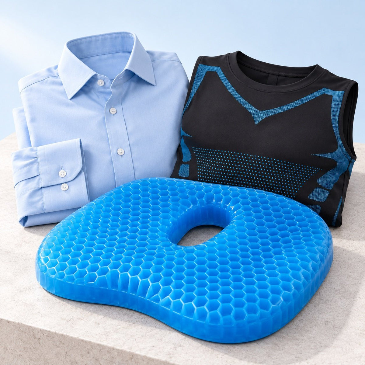 Selorna MediGel gel seat cushion, CoreLock shaping tank and the non-iron shirt