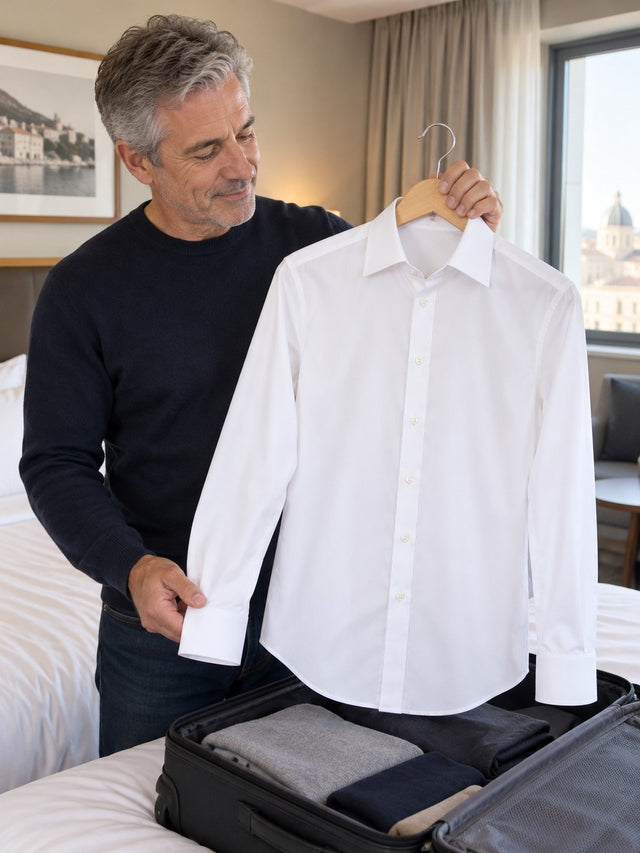 A man lifting the shirt out of his suitcase in a hotel room, smooth and crease-free