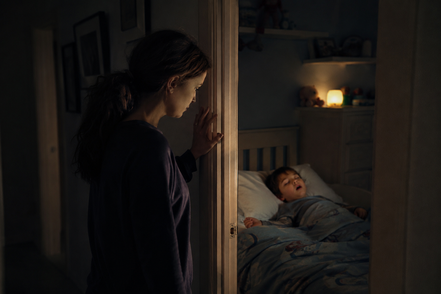 Parent listening at the bedroom door to a snoring child