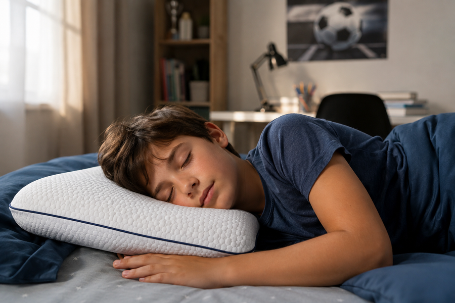 Older child sleeping soundly on the larger pillow size