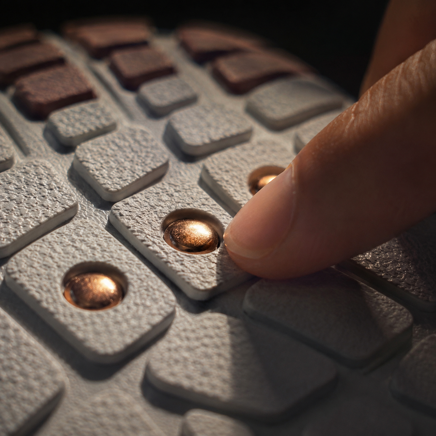 Close-up of the copper grounding contacts in the Selorna sole