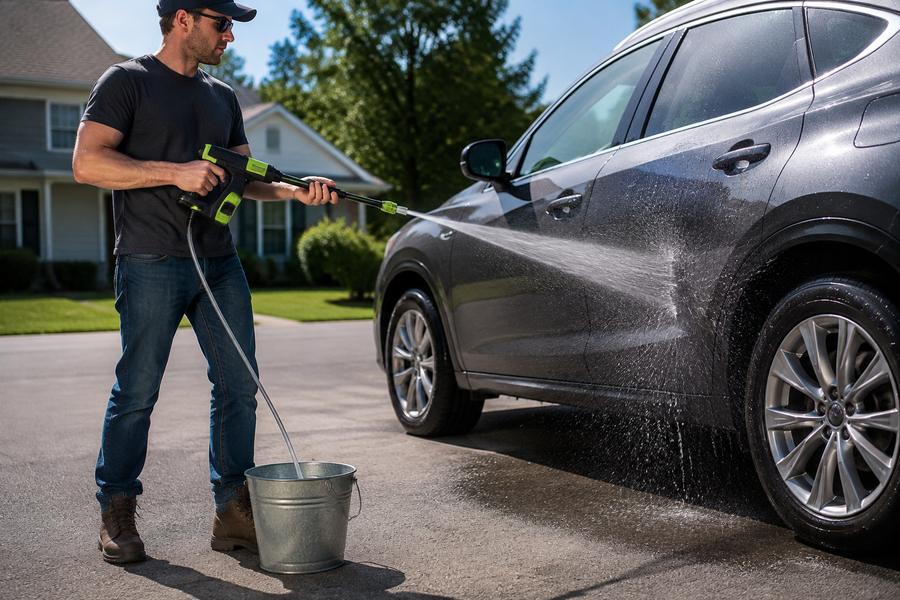 Drawing water from a bucket or pool with the portable washer