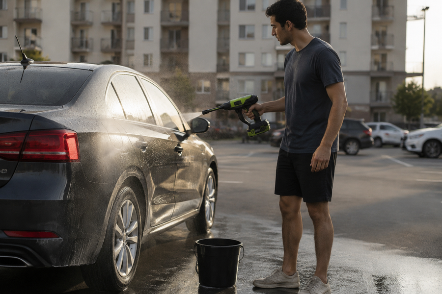 Cleaning a car where no hose or outlet reaches