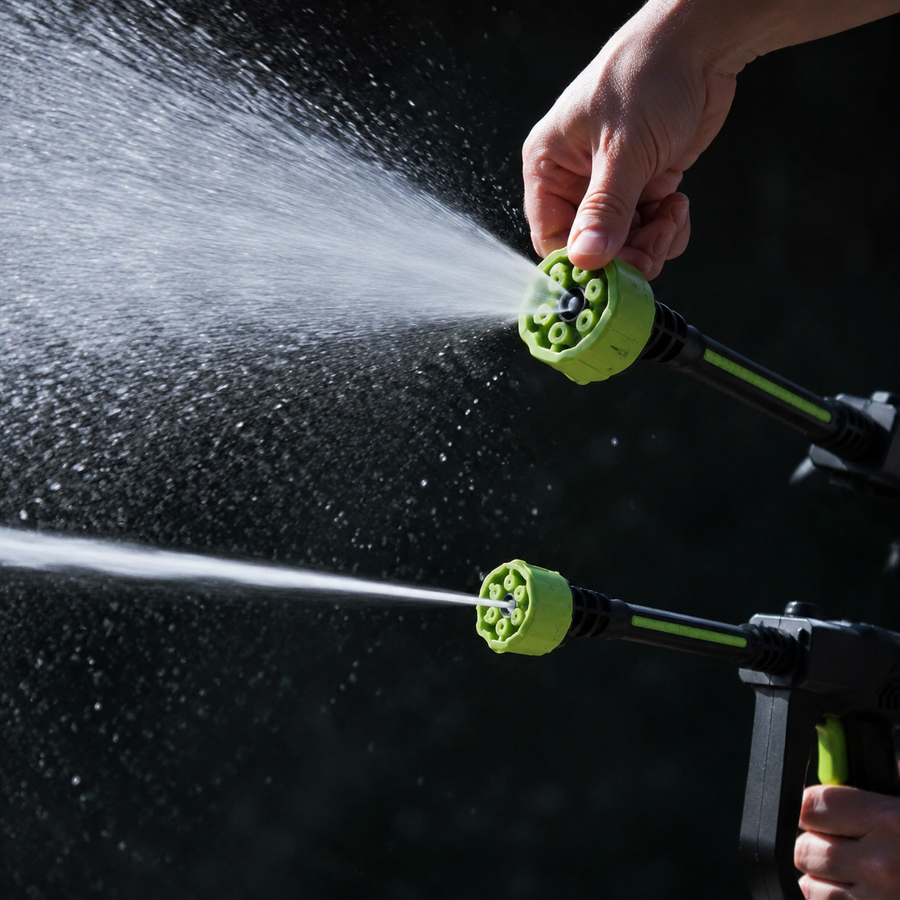 6-in-1 nozzle patterns from wide fan to focused jet