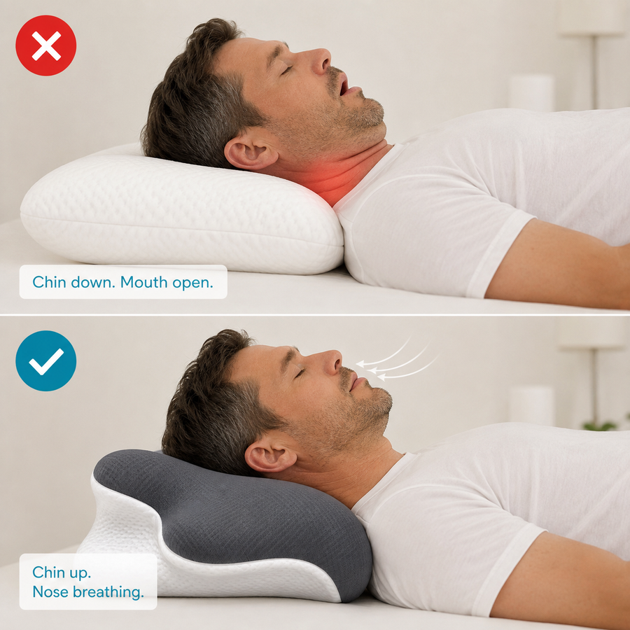 Flat pillow: chin down and mouth open. Selorna: chin up, nose breathing.
