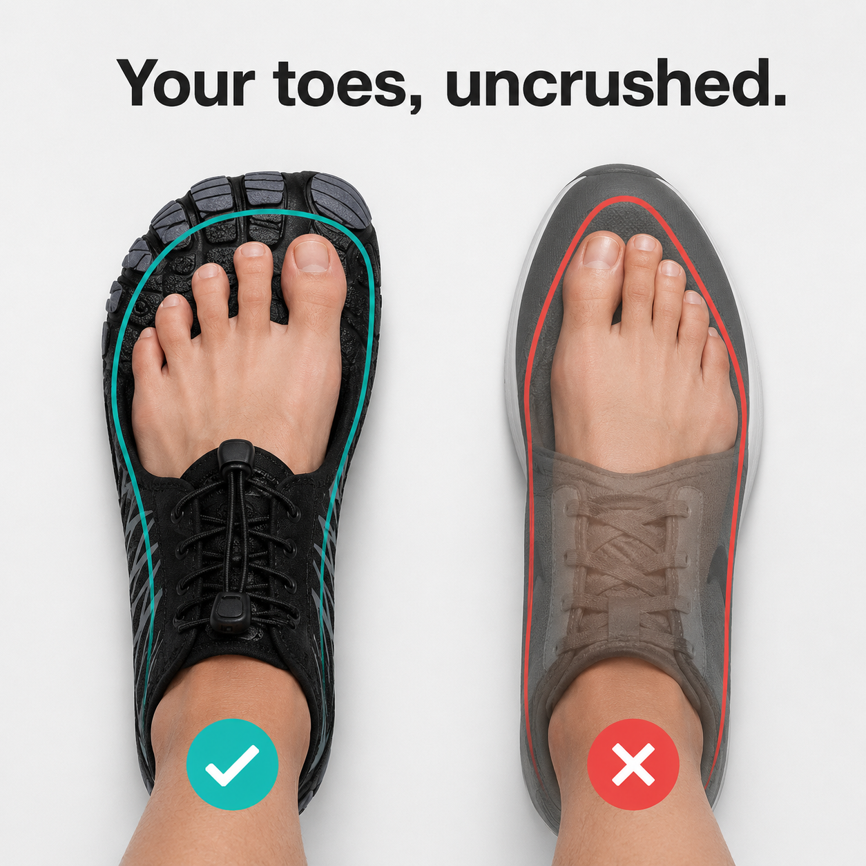 Wide toe box lets toes spread versus a narrow conventional shoe