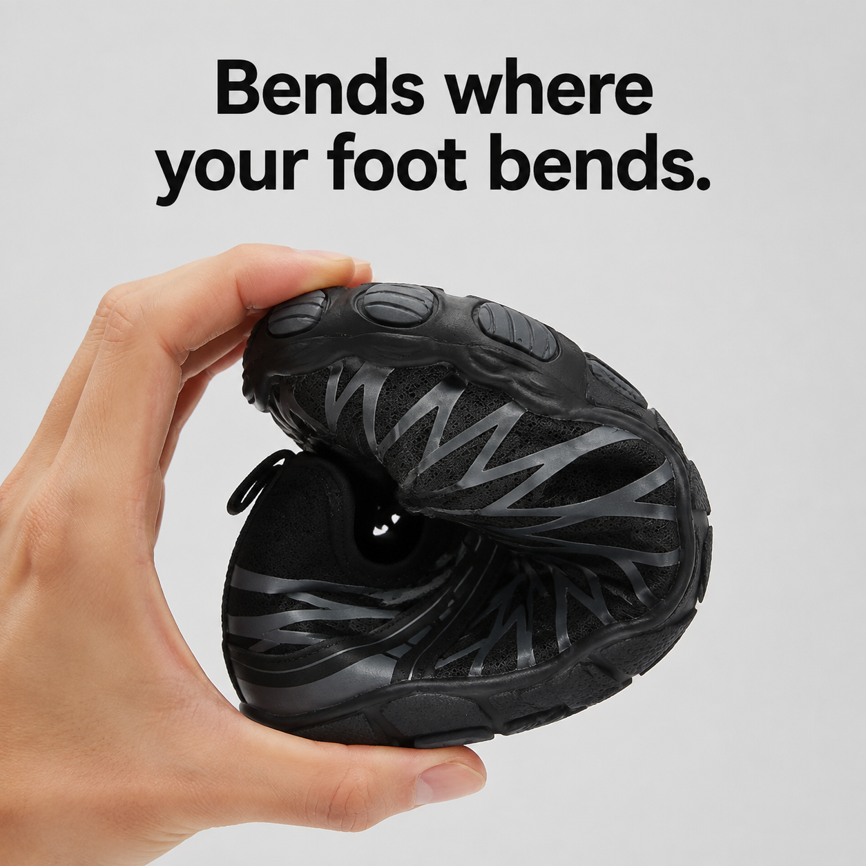 The sole bends and rolls where your foot bends