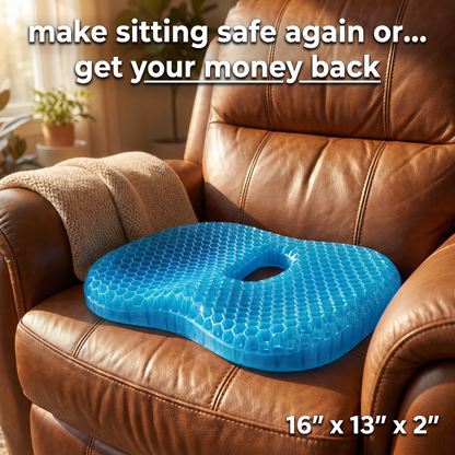 Selorna MediGel blue honeycomb gel seat cushion with a tailbone cutout, sitting on a brown leather recliner