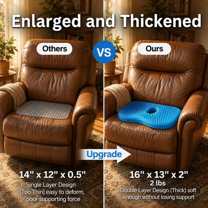 Size comparison: a thin 14 by 12 by 0.5 inch cushion beside the thicker 16 by 13 by 2 inch double-layer Selorna MediGel cushion