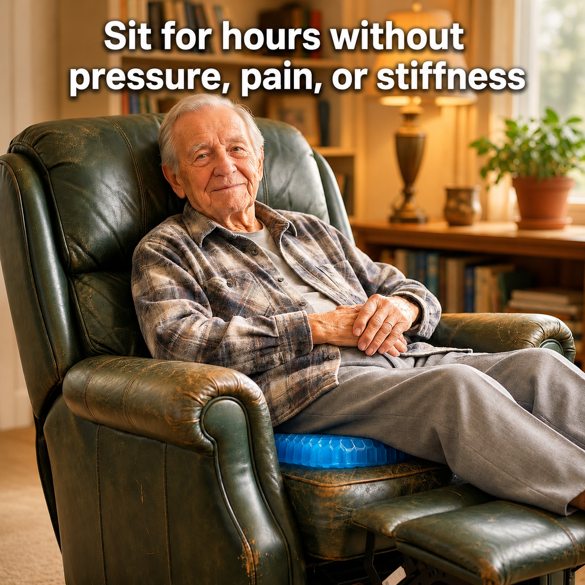 An older man sitting comfortably in a leather recliner using the Selorna MediGel gel seat cushion