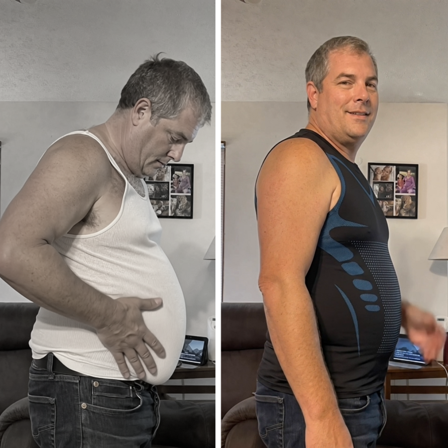 Side view of the same man before and after putting on CoreLock