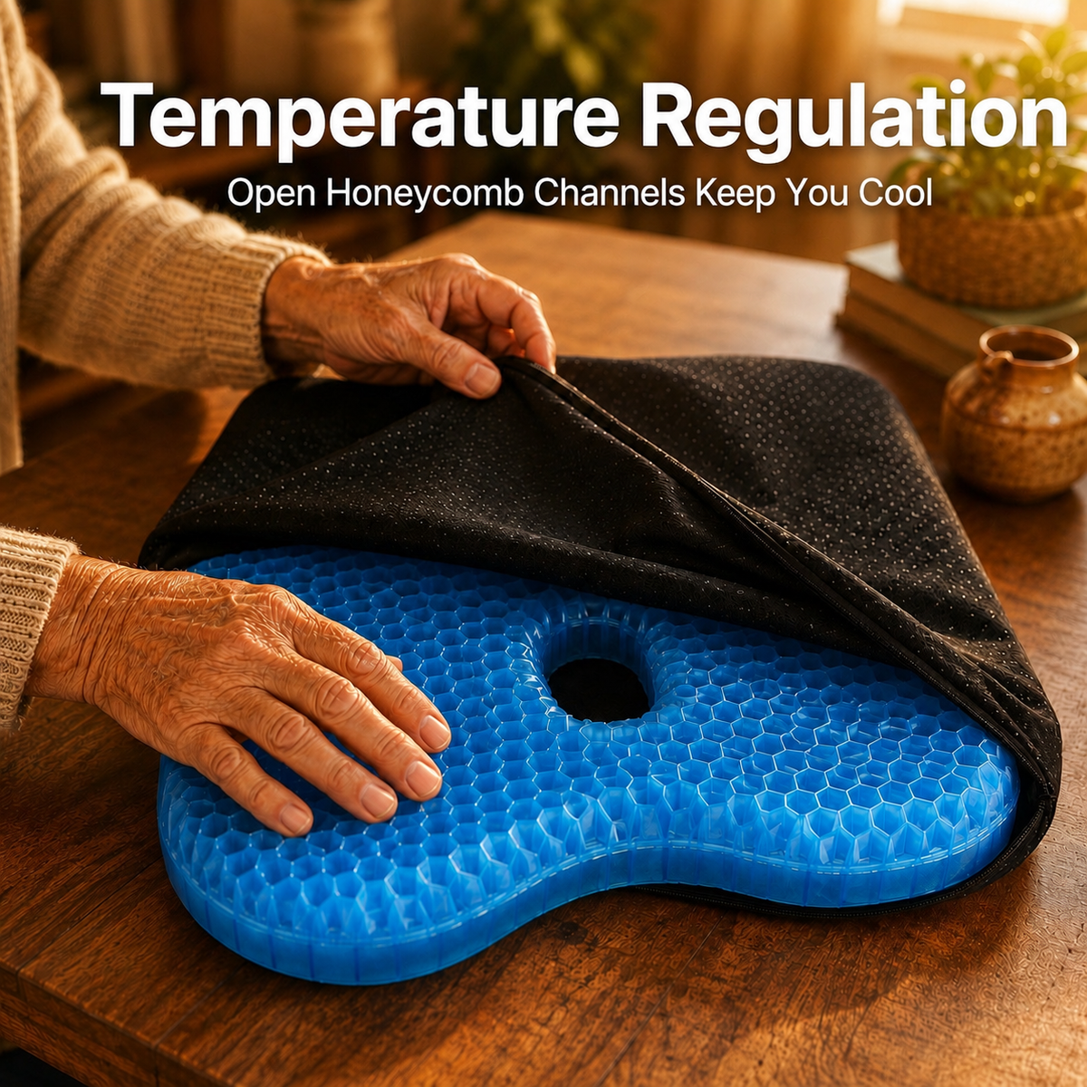 Hands peeling the black washable cover off the blue honeycomb gel core, showing the open cooling channels