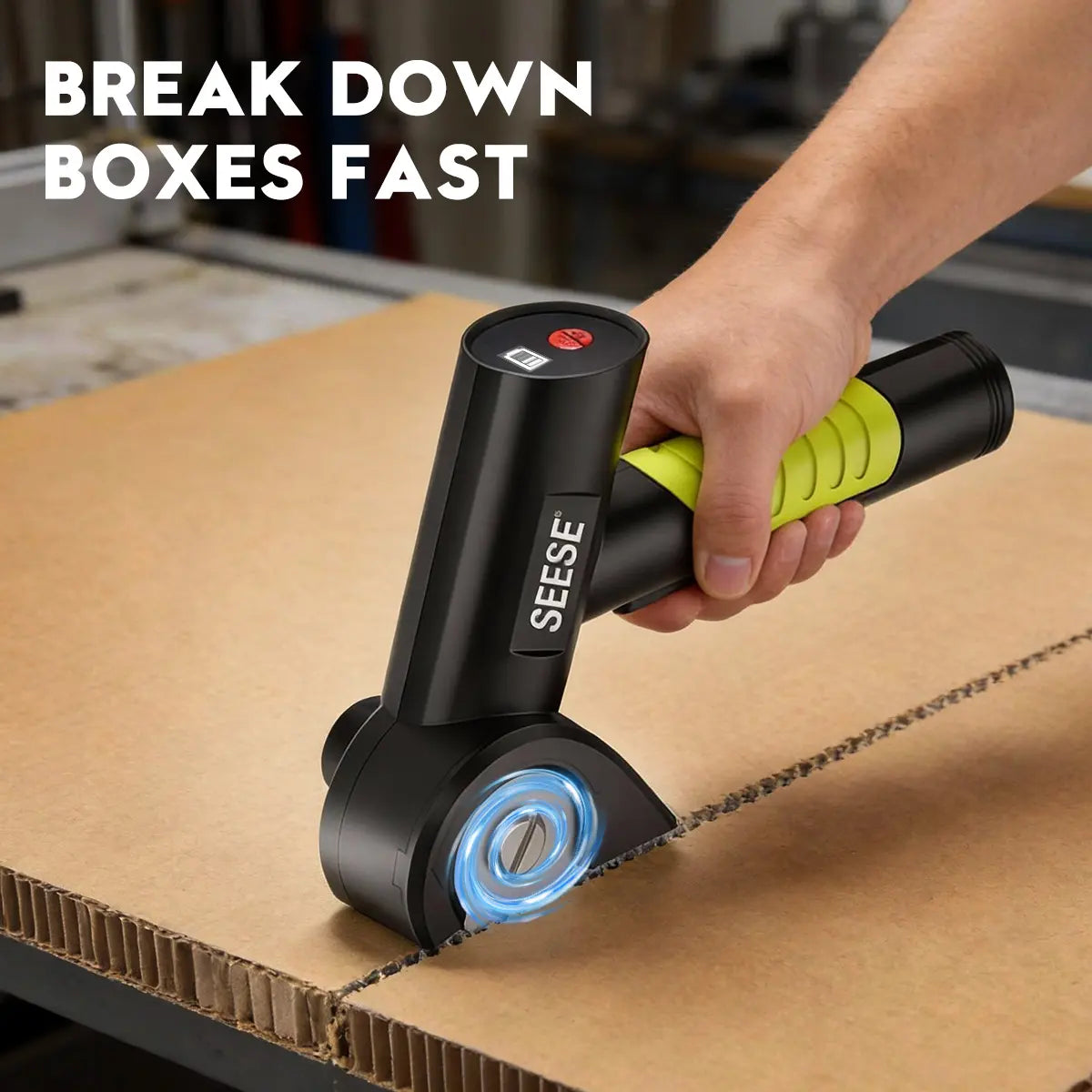 SEESE Rechargeable Cordless Electric Scissors, Electric Cardboard Box Cutter with 2 Safety Blades & Storage Pouch - Cuts Cardboard, Leather, Fabric, and Plastic