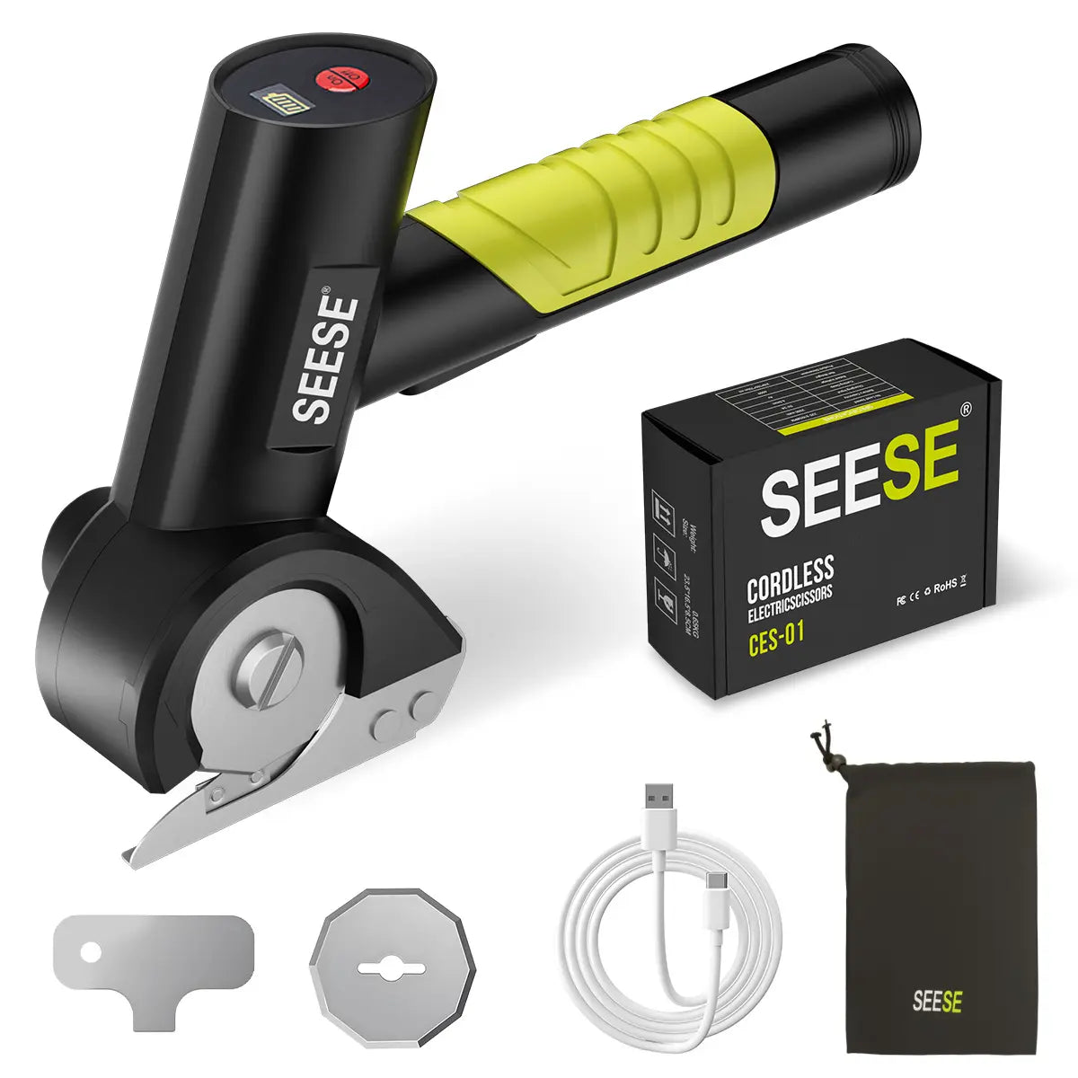 SEESE Rechargeable Cordless Electric Scissors, Electric Cardboard Box Cutter with 2 Safety Blades & Storage Pouch - Cuts Cardboard, Leather, Fabric, and Plastic