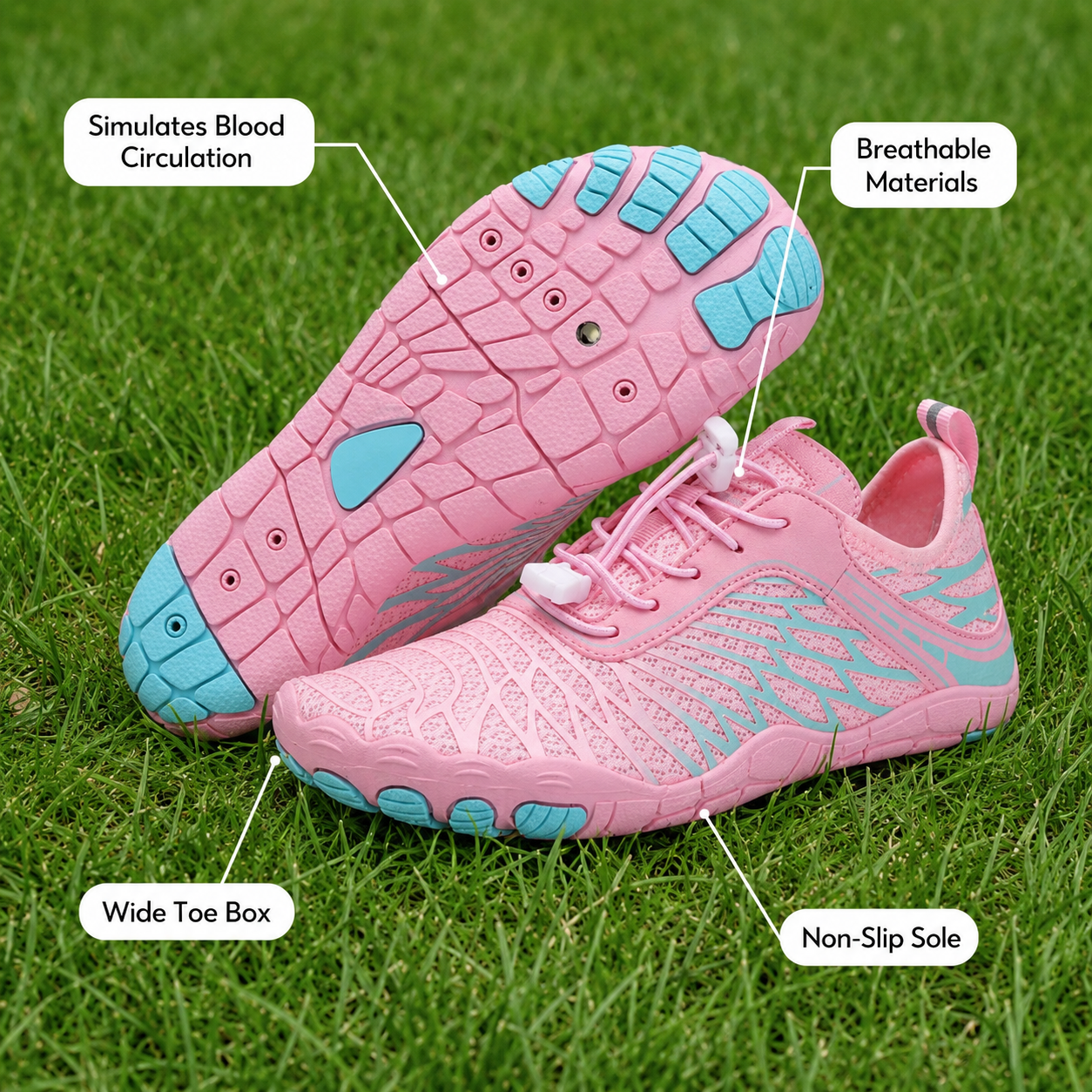 Wide toe box, breathable, non-slip
