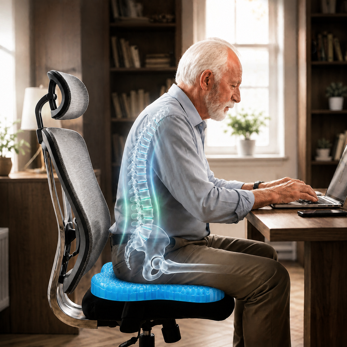 An older man working at a desk in an office chair on the Selorna MediGel cushion, with his spine shown in alignment