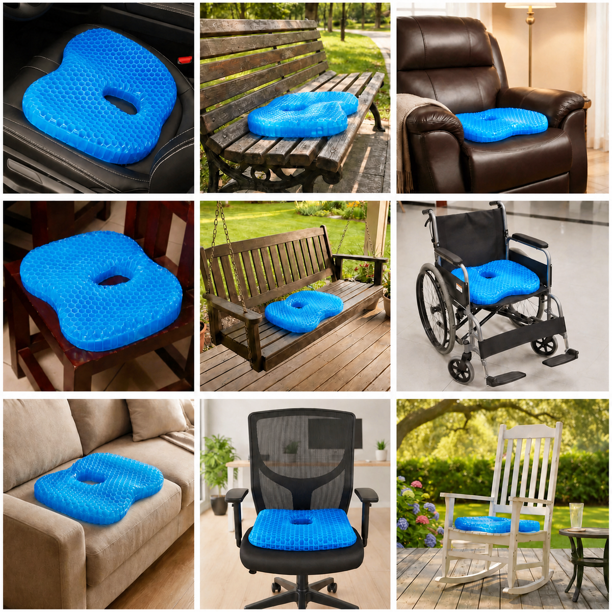 Nine photos of the Selorna MediGel cushion in use on a bench, recliner, wheelchair, office chair, dining chair and patio chair