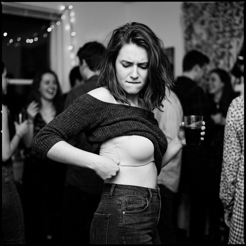 The old way: a strapless bra that slides down and has to be hitched up