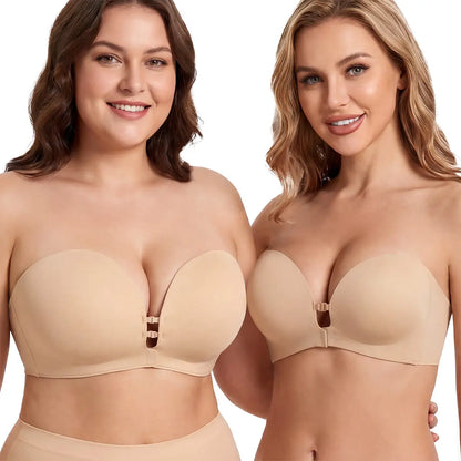 Two women wearing the nude strapless front-closure push-up bra, lifted and centered