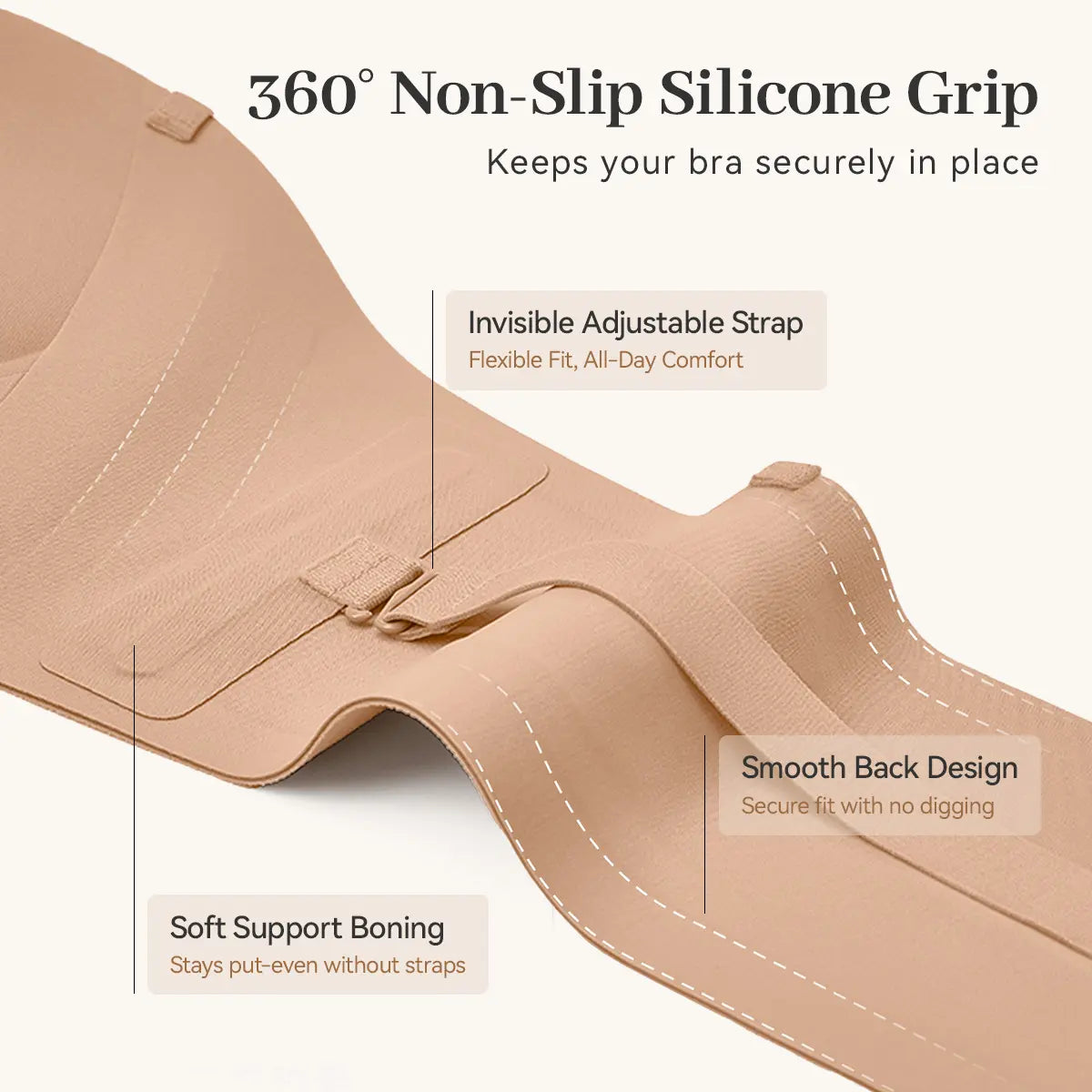 360-degree non-slip silicone grip keeps the strapless bra in place