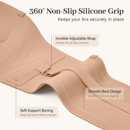 360-degree non-slip silicone grip keeps the strapless bra in place