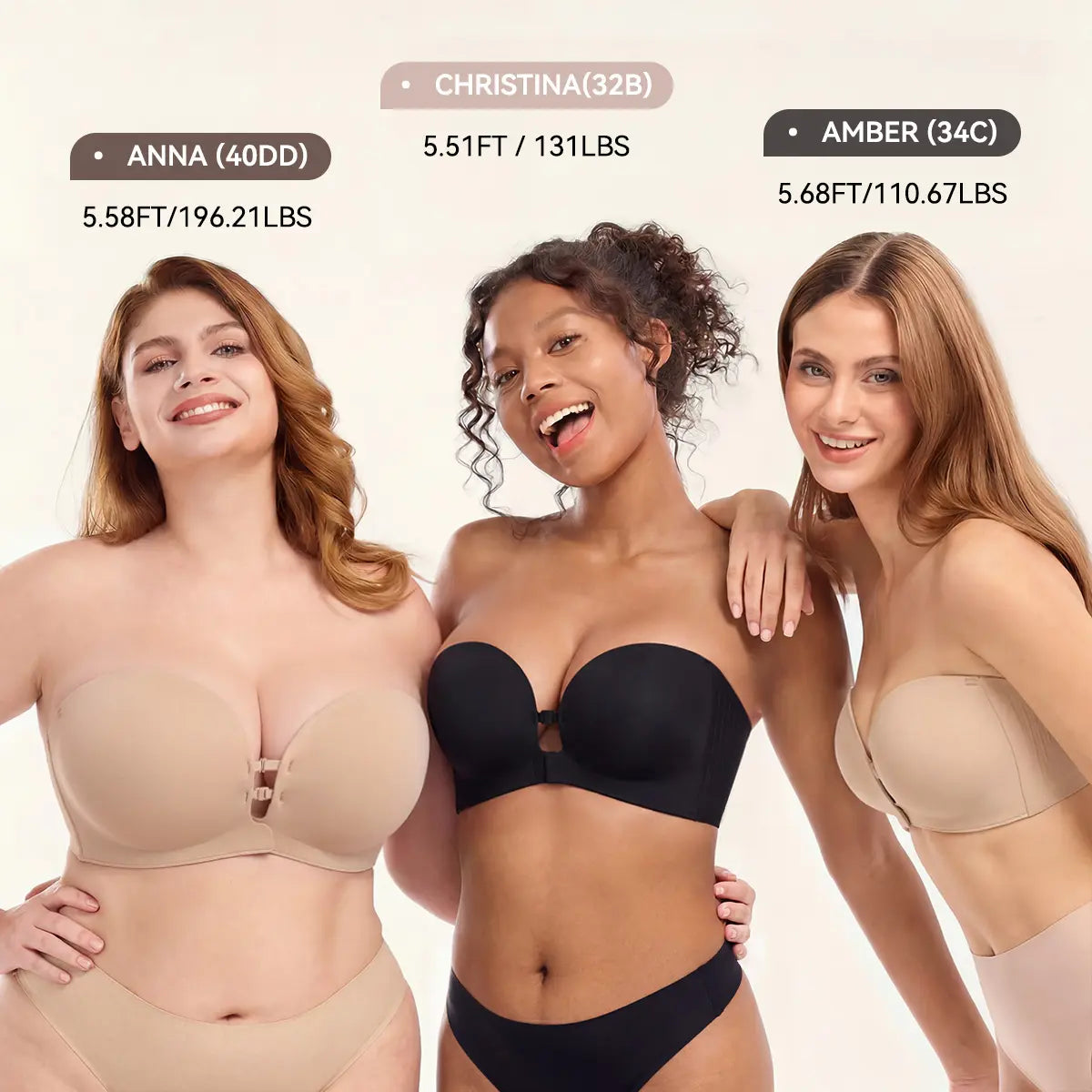 Real women from 32B to 40DD in the bra, nude and black