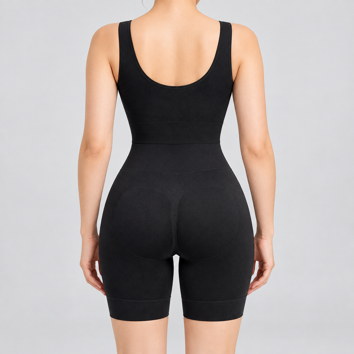 Black sculpting bodysuit, back view, smooth seamless back and drop-seat panel