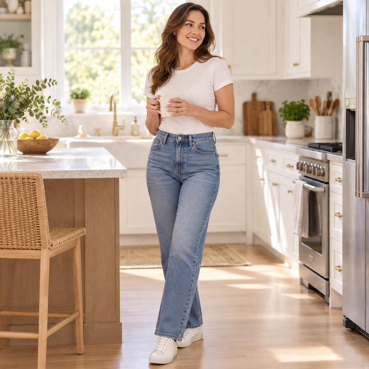 Flat tummy and lifted rear under high-waisted jeans and a tucked-in tee