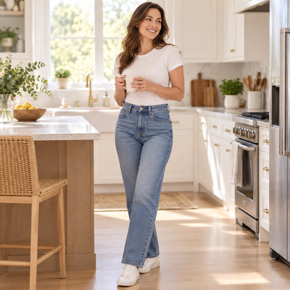 Flat tummy and lifted rear under high-waisted jeans and a tucked-in tee