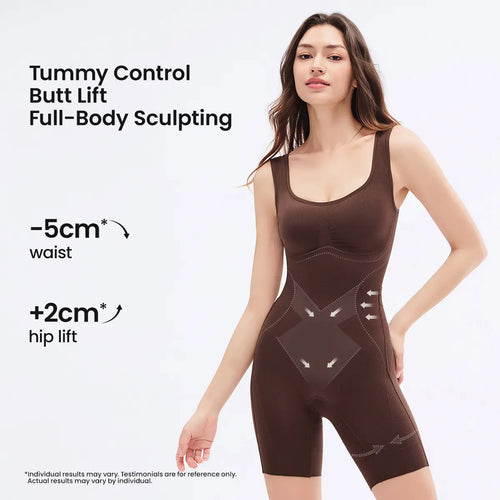 Woman wearing the chocolate sculpting bodysuit, front view, tummy control and hip lift