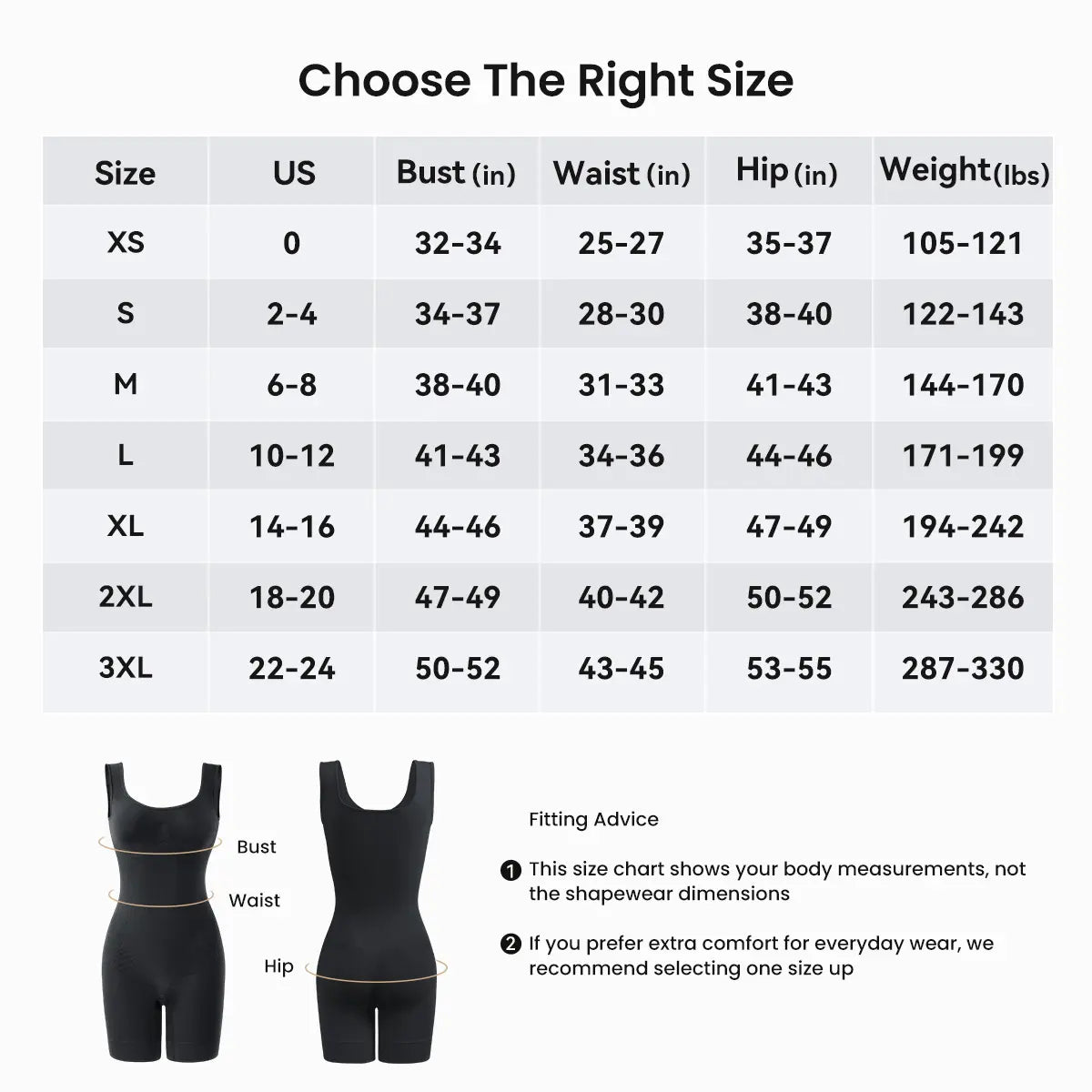 Size chart by bust, waist, hip and weight, XS to 3XL