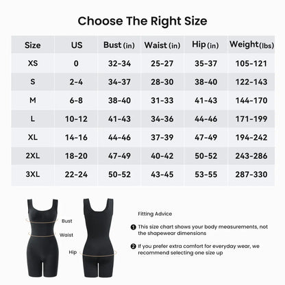 Size chart by bust, waist, hip and weight, XS to 3XL