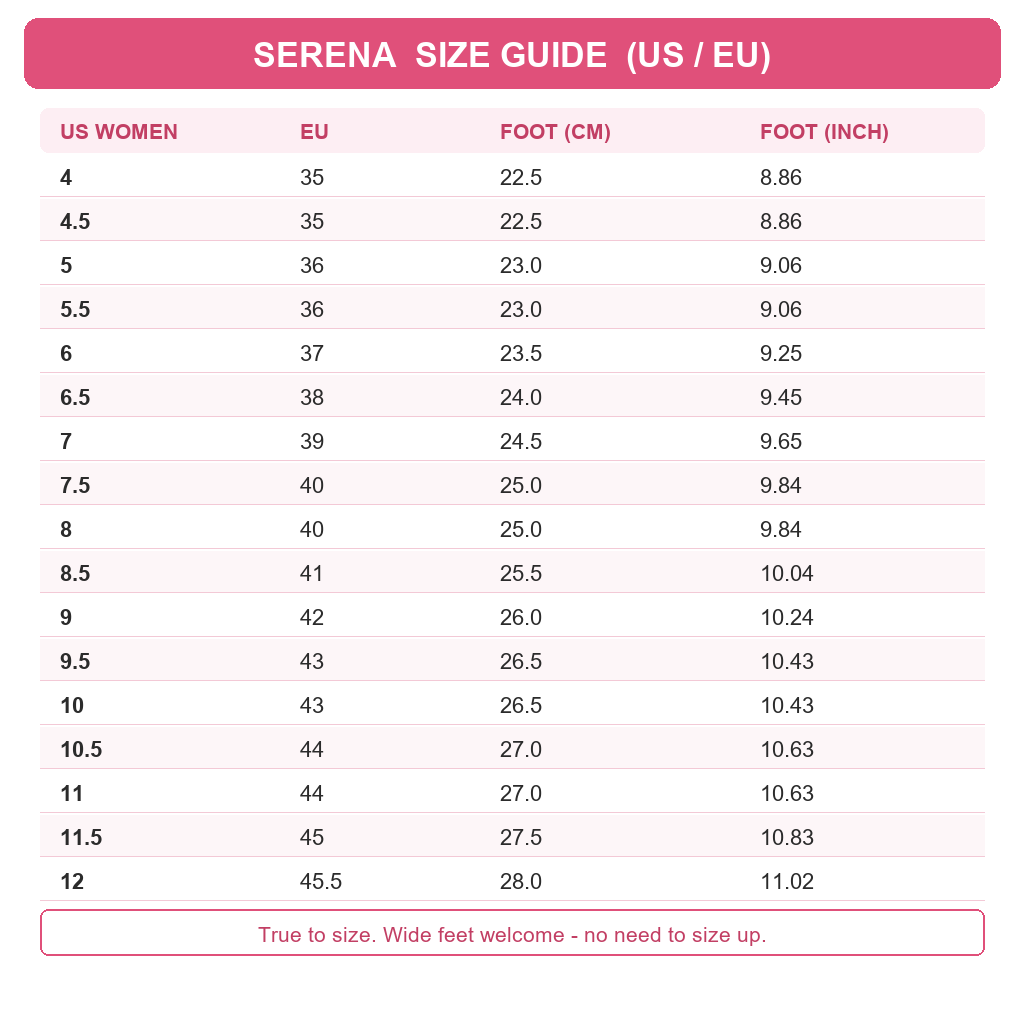 Serena size guide US EU
