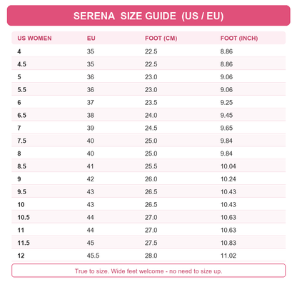 Serena size guide US EU