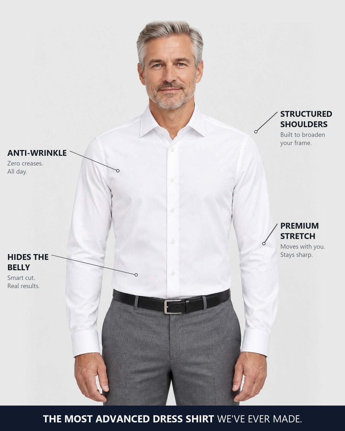 The Selorna non-iron dress shirt in white, worn tucked in