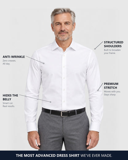 The Selorna non-iron dress shirt in white, worn tucked in