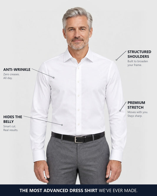 The Selorna non-iron dress shirt in white, worn tucked in