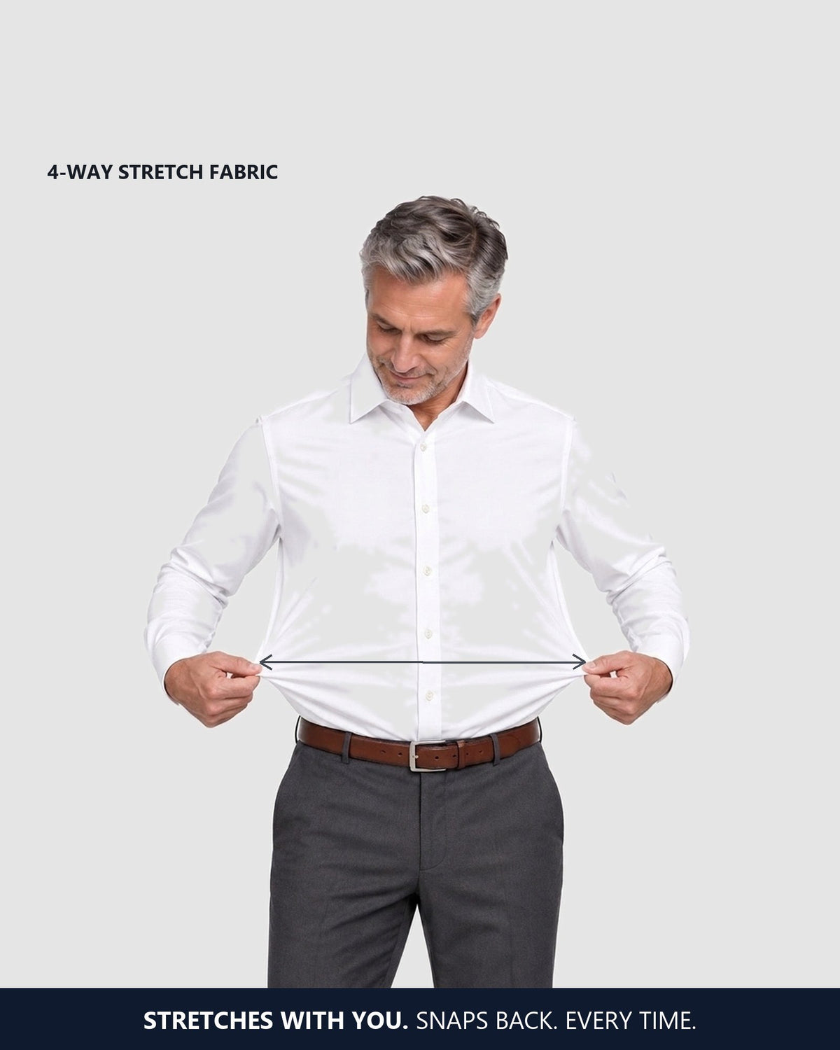 Pulling the shirt fabric sideways to show the stretch