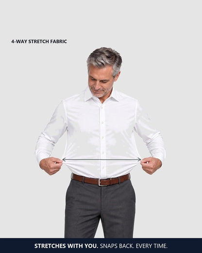 Pulling the shirt fabric sideways to show the stretch