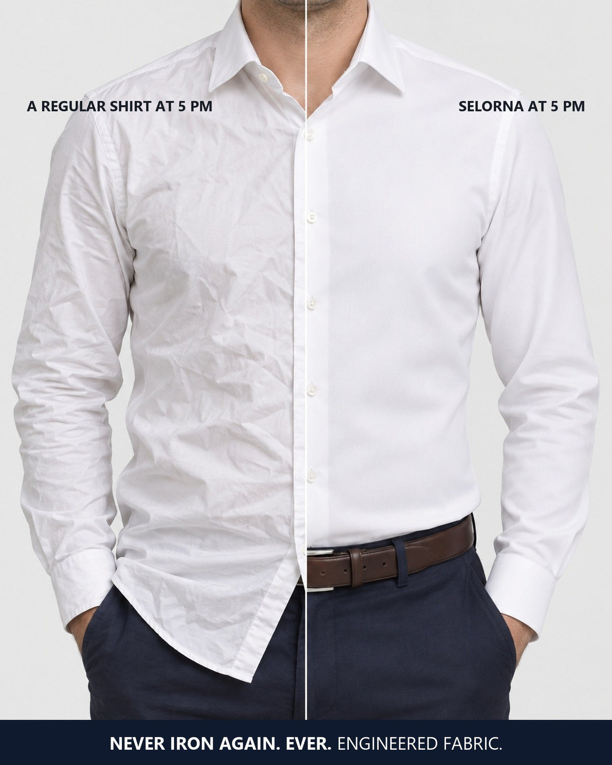 A regular shirt at 5 pm next to the Selorna shirt at 5 pm