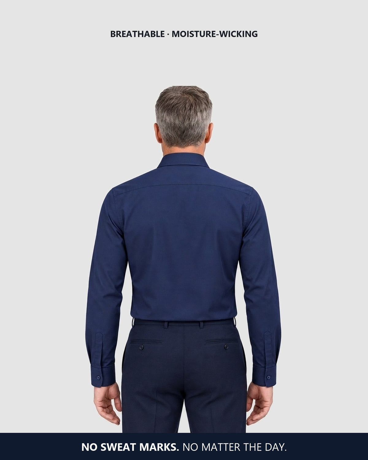 The back of the navy shirt, dry and smooth