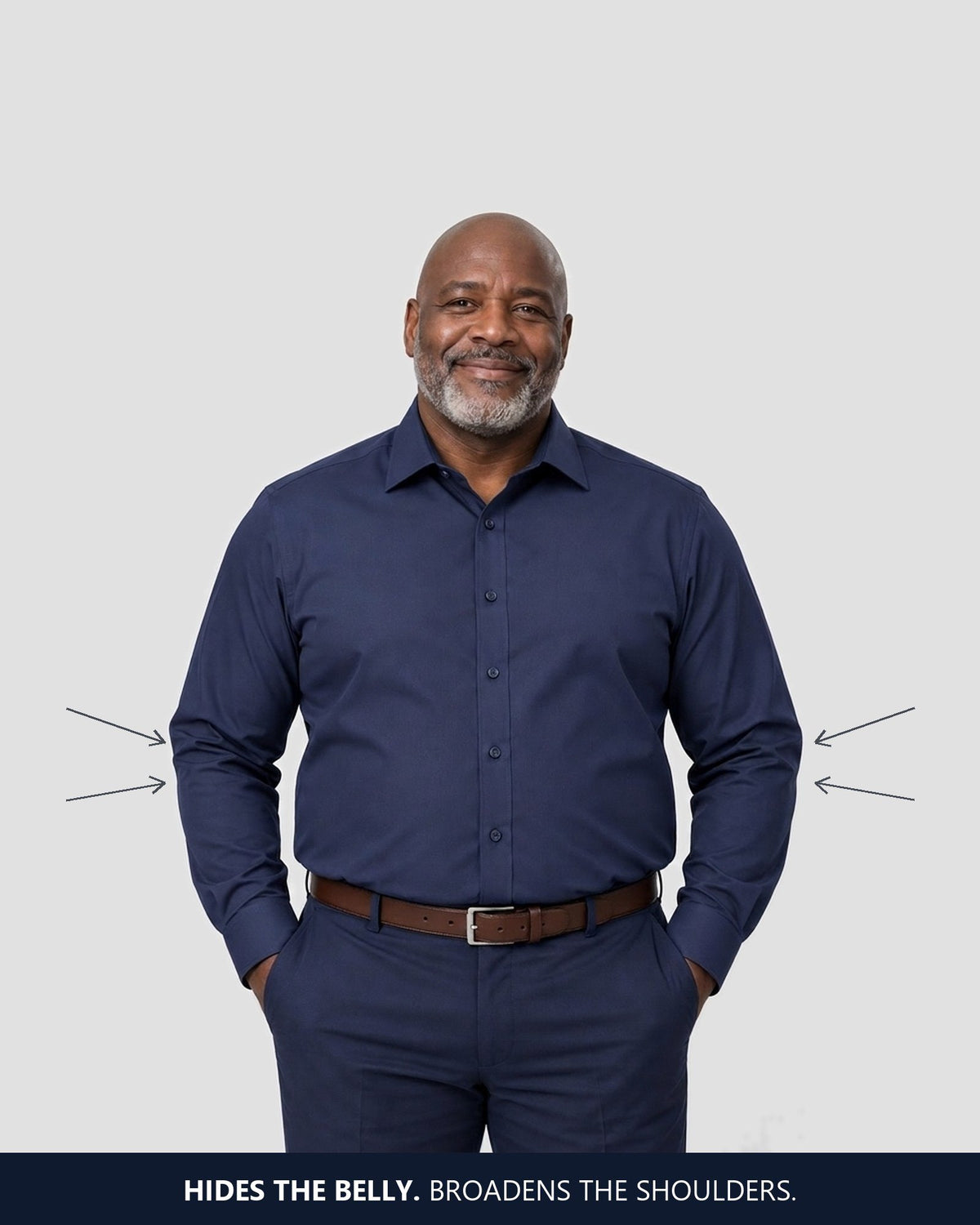 A bigger man in the navy shirt, flat over the stomach, broad shoulders