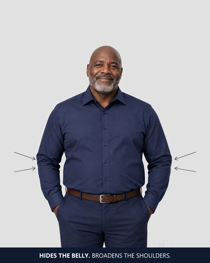 A bigger man in the navy shirt, flat over the stomach, broad shoulders