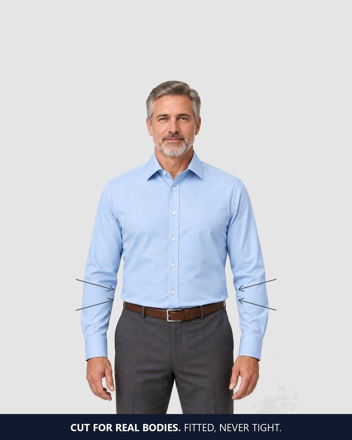 The light blue shirt fitted at the waist on a real-life build