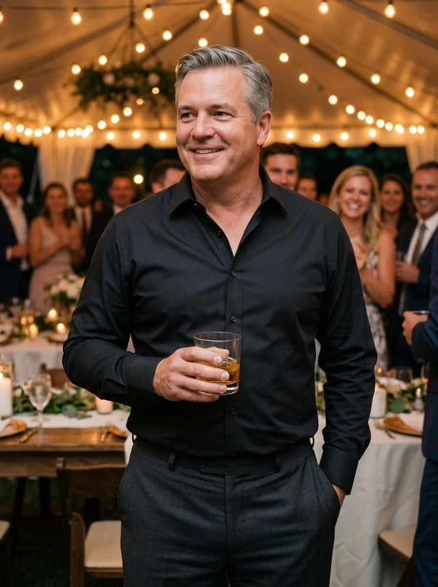A man at an evening event in the black shirt, still sharp