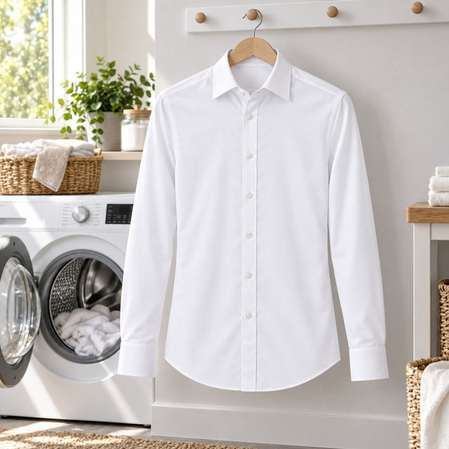 The shirt hanging smooth by the washing machine