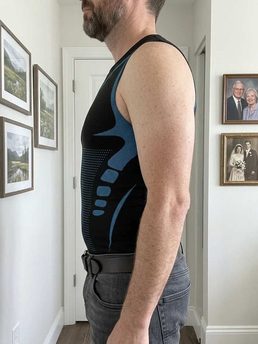 Side view: CoreLock holding the stomach flat from chest to belt